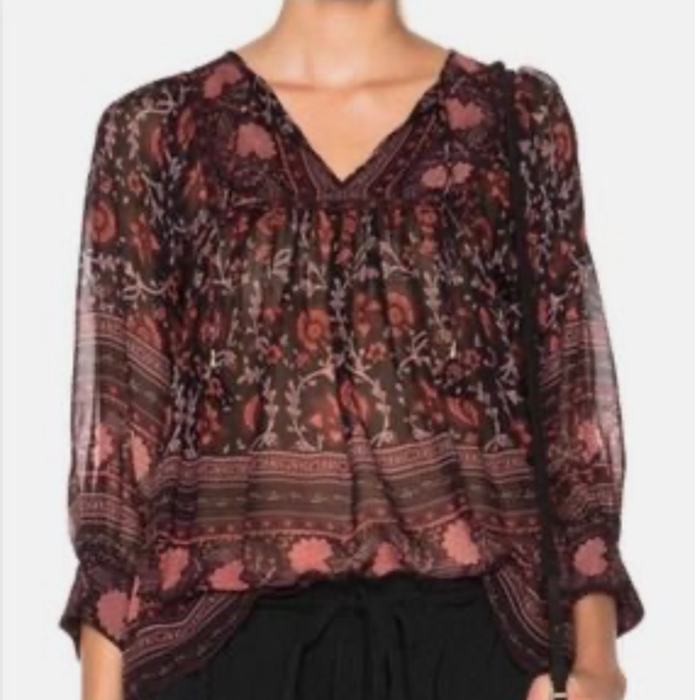 Ulla Johnson Black and Rose Floral Sheer Peasant Blouse